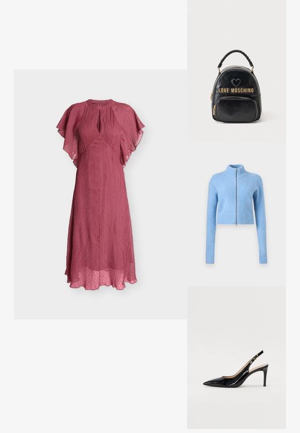 Lys blå, cropped sweater lavet af blødt, struktureret stof. Har en høj krave og en foran lynlås med ribbede manchetter.; Mauve knælængde kjole med tekstureret stof, flagrende ærmer, huludskæring i halsen og en rund krave, hængende mod en ensfarvet baggrund.; Sort patenteret læder slingback stiletto med spids tå, slank hæl og et subtilt udskæringsdesign. Har en gylden spænde på remmen.; Sort læder Love Moschino rygsæk med flettet håndtag, frontlomme, guld lynlåse og hjerte-detalje over logoet.