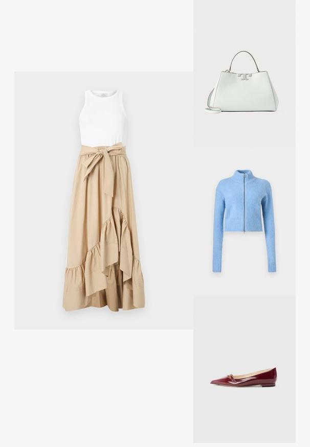 Lys blå, cropped sweater lavet af blødt, struktureret stof. Har en høj krave og en foran lynlås med ribbede manchetter.; Ærmeløs hvid top med beige højtaljet nederdel, flæsekant og stor bundet sløjfebælte i taljen.; Bordeaux patenteret læderballerinaer med spids tå, der har en lille udskæring og en lav hæl. Glat tekstur og elegant design.; Lysblå læderhandtaske med en struktureret form, top-håndtag og sølvfarvet logoaccent. Har en aftagelig skulderrem og en glat tekstur.