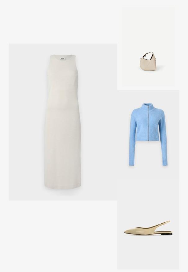 Lys blå, cropped sweater lavet af blødt, struktureret stof. Har en høj krave og en foran lynlås med ribbede manchetter.; Sætteløs midi-kjole i lys beige, fremstillet af et tekstureret stof med en subtil glans. Lige snit, knælang uden synlige lukninger.; Beige spids tå slingback flad sko med lav sort hæl og en glat læderfinish, vist fra siden på en ensfarvet baggrund.; Beige læder håndtaske i halvmåneform med en enkelt skulderrem og minimal syning, sat mod en ensartet hvid baggrund.