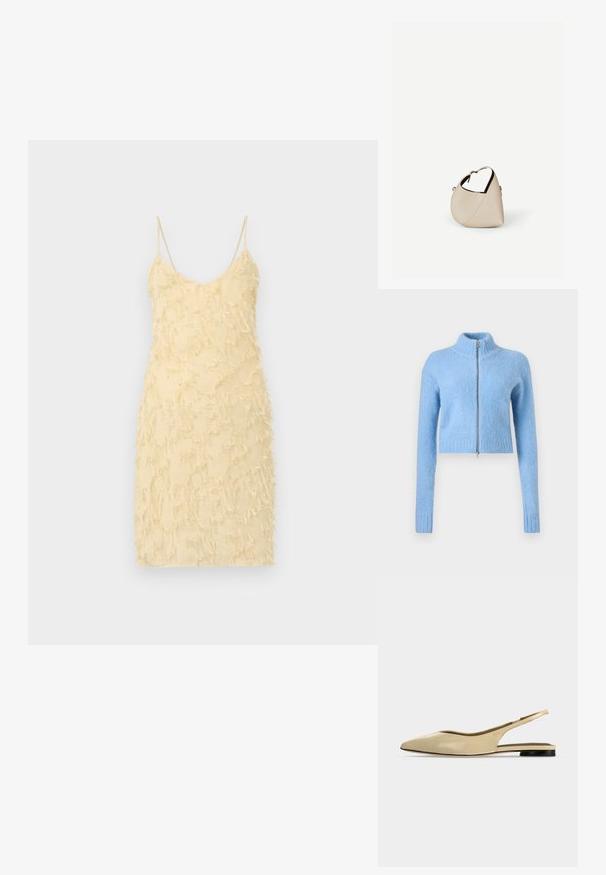 Hellblau, kurzer Pullover aus weichem, strukturiertem Stoff. Hat einen hohen Kragen und einen Frontreißverschluss mit gerippten Bündchen.; Gelbes ärmelloses Kleid mit einer enganliegenden Silhouette. Verfügt über eine strukturierte Oberfläche mit fransigen Details. Spaghettiträger und V-Ausschnitt.; Beiger Slingback-Ballerina mit spitzer Kappe, niedrigem schwarzem Absatz und glattem Lederfinish, seitlich auf einfarbigem Hintergrund gezeigt.; Beige Ledertasche in Halbmondform mit einem einzelnen Schulterriemen und minimaler Nahtgestaltung, vor einem schlichten weißen Hintergrund.