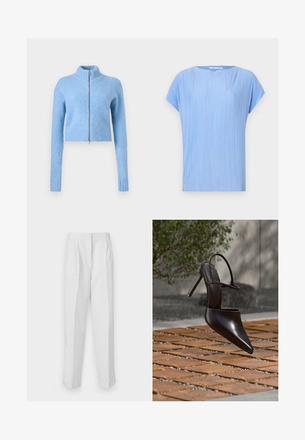Pull cropped bleu clair en tissu doux et texturé. Il présente un col montant et une fermeture éclair à l'avant avec des poignets côtelés.; Haut bleu clair en tissu plissé. Il présente un col rond et des manches courtes, avec une texture lisse et légèrement brillante.; Pantalons blancs ajustés à coupe droite, avec des plis avant, deux poches latérales et une taille épurée pour un look soigné.; Mule noire brillante à talons hauts avec bout pointu et bride à la cheville, suspendue au-dessus d'une surface carrelée en terre cuite avec des interstices remplis de gravier.