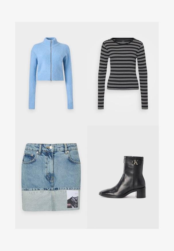 Lys blå, cropped sweater lavet af blødt, struktureret stof. Har en høj krave og en foran lynlås med ribbede manchetter.; Sort langærmet skjorte med hvide vandrette striber, ribbet struktur og rund halsudskæring. Tætsiddende design med lige kant.; Denim mini skirt med en gradient blå farveskala, fem-lomme design, sølv hardware og et trykt mærke med et bjerggrafik.; Sort læder ankelstøvle med spids tå, blokhæl og en rem med en metallisk logo detalje. Glat tekstur og minimalistisk design.