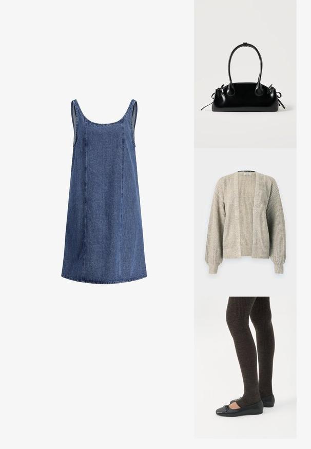 Lichtbeige gebreide cardigan met een open voorkant, geribbelde textuur en ballonmouwen. Heeft een relaxte pasvorm en een lichte stretch.; Mouwloze blauwe spijkerjurk met brede schouderbanden, diepe halslijn en zichtbare naaddetails, knielengte met rechte zoom.; Benen met donkere geribbelde leggings gecombineerd met zwarte ballerina's met kleine strikdetails op een witte achtergrond.; Kleine zwarte glanzende handtas met twee lange hengsels en zijkant trekkoord details op een effen lichte achtergrond.