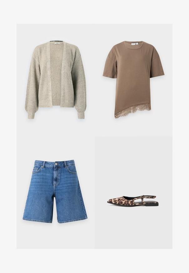 Lys beige strikket cardigan med åben front, ribbet tekstur og ballonærmer. Har en afslappet pasform og let stræk.; Brun T-shirt med korte ærmer, rund halsudskæring og asymmetrisk kant med delikat blondekant nederst.; Blå denimshorts med knap- og lynlåslukning, for- og møntlomme, lagt fladt på en hvid baggrund.; Sandal med leopardprint i flad slingback-stil, spids tå, åben side og lille sort hæl. Materialet virker glat med en let glans.