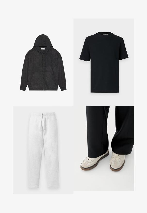 Haut à zip gris graphite avec capuche à cordon, texture côtelée et poches avant. Présente des manches longues et une coupe décontractée.; T-shirt noir à manches courtes en maille côtelée avec col rond et une petite étiquette visible à l'intérieur du col.; Pantalons de survêtement gris clair en tissu doux, avec une taille élastique dotée d'un cordon de serrage et une coupe décontractée.; Pieds portant des baskets beige avec des semelles marron et un pantalon noir à jambes larges sur fond blanc.