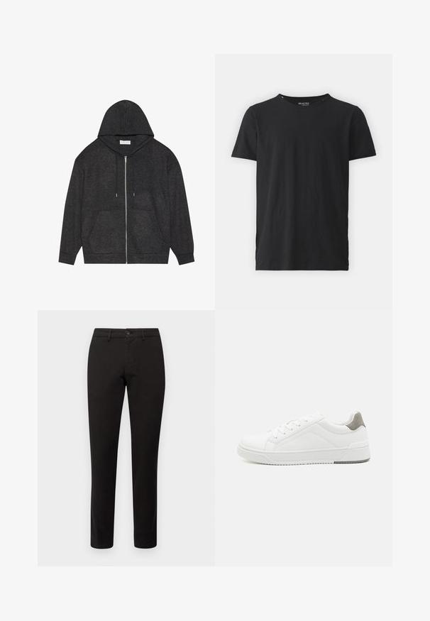 Haut à zip gris graphite avec capuche à cordon, texture côtelée et poches avant. Présente des manches longues et une coupe décontractée.; T-shirt en coton noir avec un col rond et des manches courtes. Présente un design épuré sans motifs ni accents. Simple et polyvalent.; Chino noir avec une coupe ajustée, en tissu mélangé coton. Doté d'une fermeture à bouton sur le devant et de cinq poches. Texture lisse, détails minimaux.; Basket blanche en cuir lisse, à bout arrondi, design minimaliste, accent de talon gris et semelle en caoutchouc texturé.