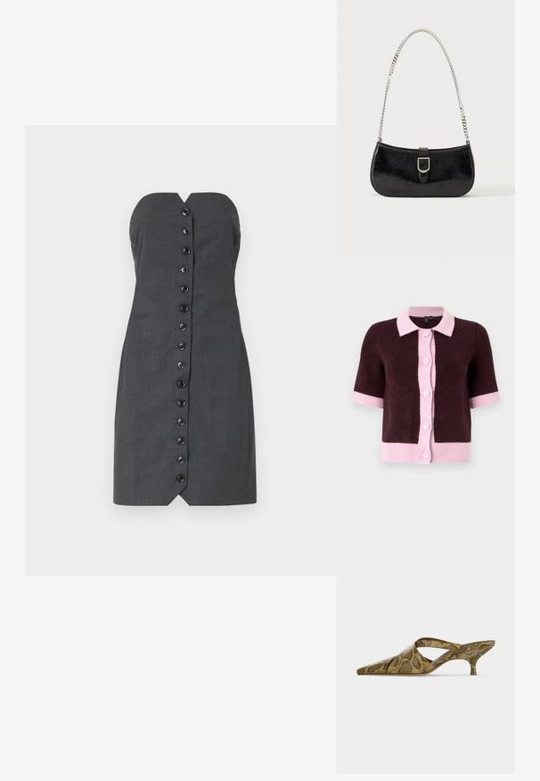 Korte mouwen cardigan van donkerbruin breimateriaal, met een lichtroze kraag en knoopsluiting, en contrasterende roze zoom en manchetten.; Grijze strapless jurk met een getailleerde silhoutte, voorzien van een voorste knoopsluiting en een V-halsontwerp. Glad textuur, op maat gemaakte stof.; Muleschoen met puntige neus en lage kittenhiel, met bruin en beige slangenprintleer en een open zijkantbandontwerp.; Zwarte lakleren schoudertas met een zilveren gespdetail en een zilveren kettingriem, getoond tegen een effen lichte achtergrond.