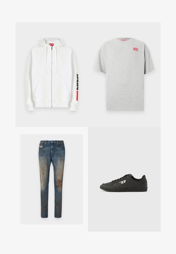 Sweat à capuche blanc zippé avec poches avant, capuche à cordon de serrage et logo noir "DIESEL" sur la manche droite près d'un patch rouge rectangulaire.; T-shirt en coton gris avec un col rond et des manches courtes. Présente un petit logo rouge « DIESEL » sur la poitrine. Texture lisse.; Jean en denim bleu à coupe slim, avec un léger délavage, des zones usées, et un design classique à cinq poches incluant une petite étiquette logo.; Baskets synthétiques noires avec une semelle noire texturée, un bout rond et des lacets plats noirs. Logo blanc remarquablement placé sur le côté extérieur.