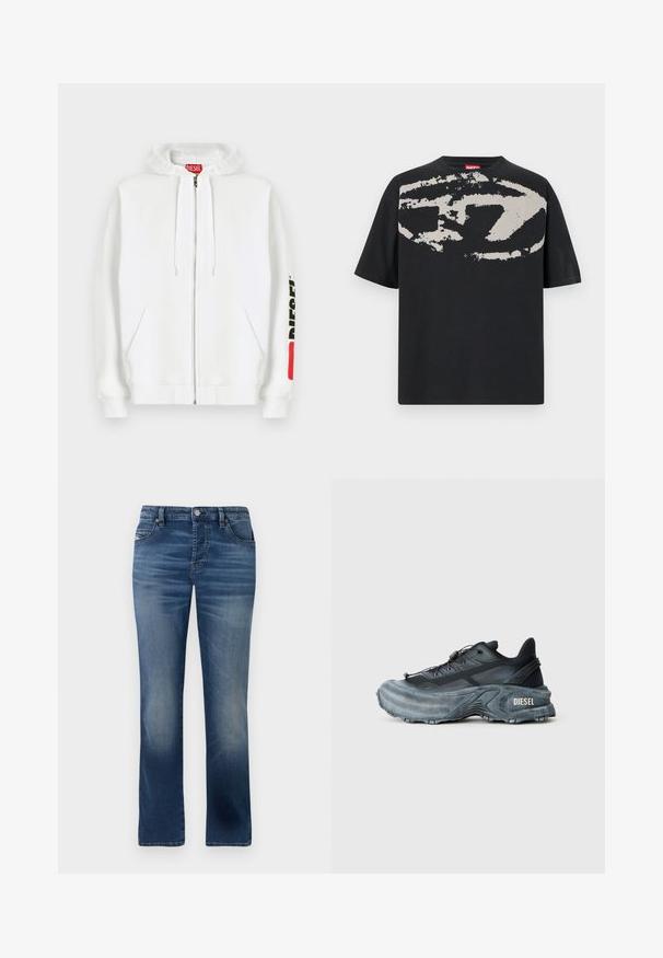 Sweat à capuche blanc zippé avec poches avant, capuche à cordon de serrage et logo noir "DIESEL" sur la manche droite près d'un patch rouge rectangulaire.; T-shirt noir avec un grand motif abstrait gris clair sur le devant. Manches courtes et encolure ronde classique. Matière en coton.; Jeans en denim bleu foncé avec une coupe droite, dotés de poches avant, d'un léger délavage et d'une fermeture à bouton classique à la taille.; Baskets Diesel noires et grises avec semelle épaisse, système de laçage à bascule et design texturé sur fond gris clair uni.