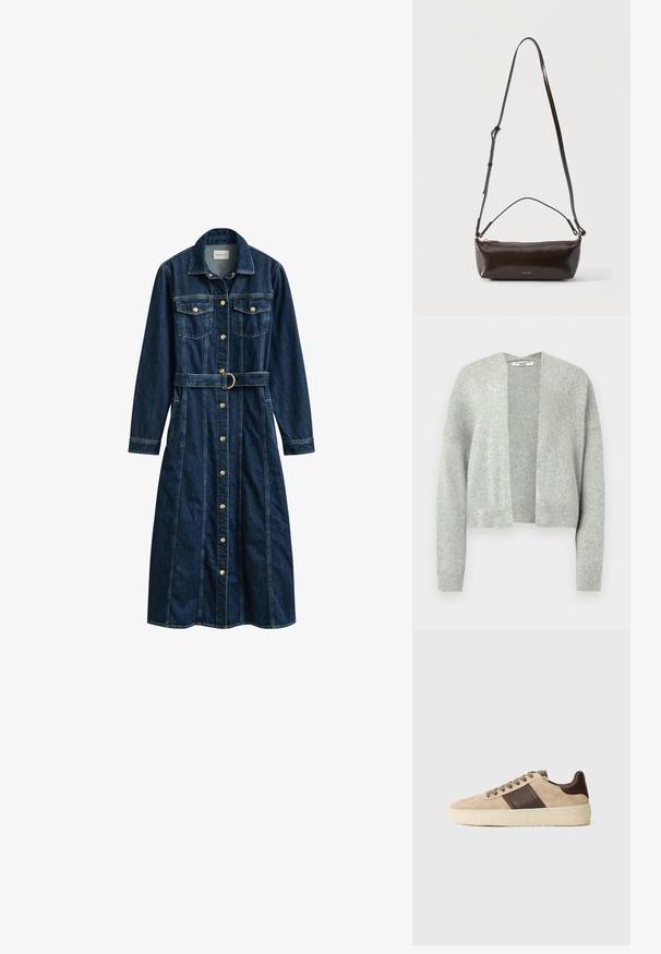 Lys grå strik cardigan med åben front, drop skuldre og ribbede manchetter. Blød tekstur med et subtilt meleret mønster.; Mørkeblå lang denimkjole med lange ærmer, guldknapper foran, brystlommer, krave og et matchende bælte med metalknap.; Beige ruskindsneaker med mørkebrune læderdetaljer, flade snørebånd og en struktureret kremfarvet sål. Side-stribe detaljer tilfører et designelement.; Lille blank mørkebrun læder skuldertaske med justerbar rem, top håndtag og gyldent lynlås lukning.