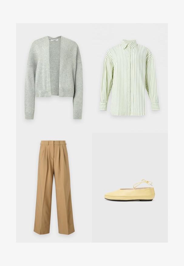 Lys grå strik cardigan med åben front, drop skuldre og ribbede manchetter. Blød tekstur med et subtilt meleret mønster.; Langærmet cremefarvet skjorte med tynde lodrette blå striber, knappelukning foran og spids krave, vist på hvid baggrund.; Beige bomuldsbukser med høj talje, plisseret foran, brede ben og en glat tekstur. Har standard talje og bælteløkker.; Gule læderballetsko med rund tå, tynd ankelstrop og sort gummisål. Glat tekstur med minimale design detaljer.