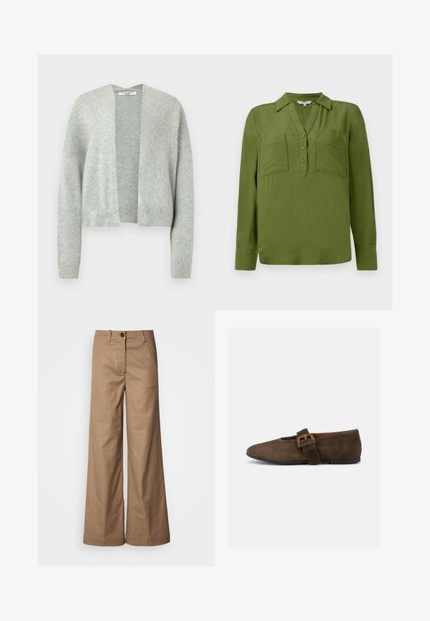 Lys grå strik cardigan med åben front, drop skuldre og ribbede manchetter. Blød tekstur med et subtilt meleret mønster.; TOM TAILOR BLOUSE STRUCTURED SOLID - Bluse - deep ivy green; Bredde benbukser lavet af glat, tan stof. Har en frontlukning med knap, bæltestropper og sidelommer. Rene linjer uden synlige mønstre.; Brun ruskind flad sko med bred rem og guldlås, rundet tå og lav sort sål, vist i sideprofil mod hvid baggrund.