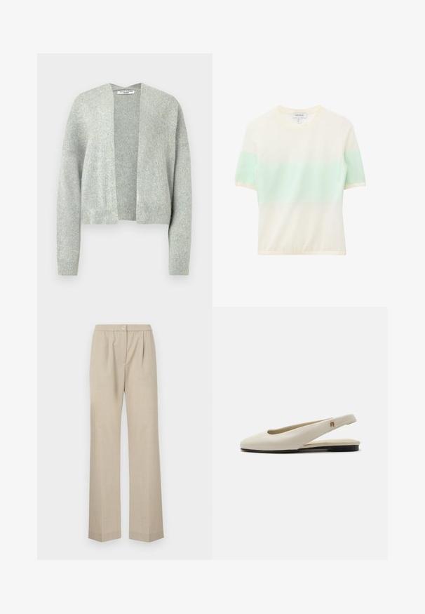 Lichtgrijze gebreide cardigan met een open voorkant, drop schouders en geribde manchetten. Zachte textuur met een subtiele heatherpatroon.; Gebreide top met korte mouwen en een brede horizontale muntgroene streep over de borst en bovenarmen op een gebroken witte achtergrond.; Lichtbeige broek met een rechte pijp, elastische tailleband en een enkele knoopdetail aan de voorkant. Gemaakt van een gestructureerde stof.; Crèmekleurige leren slingback platte schoen met ronde neus en klein gouden embleem op het bandje.