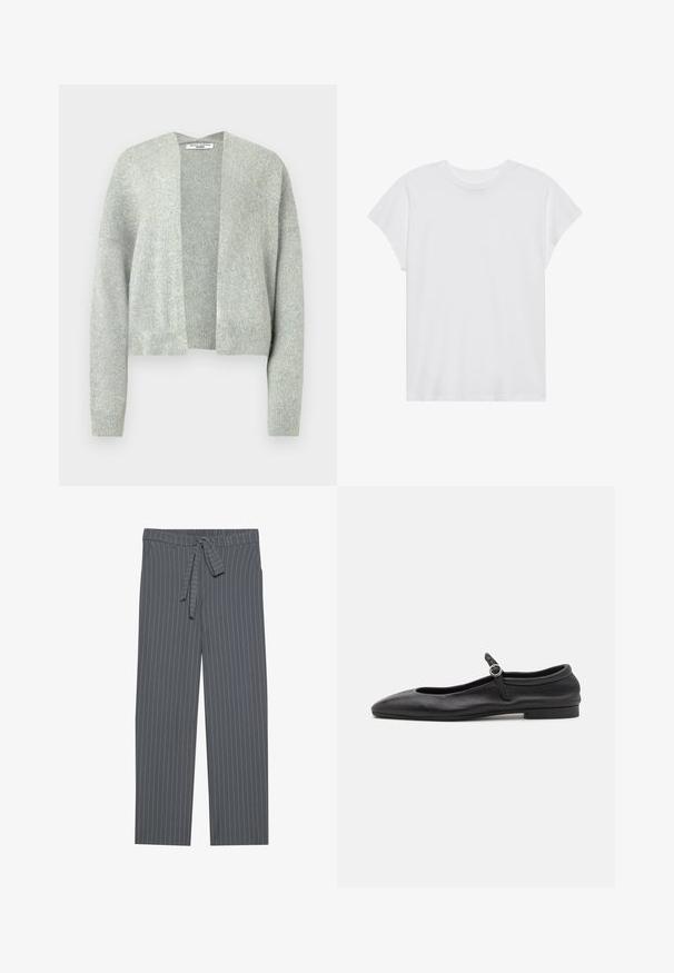 Lichtgrijze gebreide cardigan met een open voorkant, drop schouders en geribde manchetten. Zachte textuur met een subtiele heatherpatroon.; Witte t-shirt met korte mouwen, ronde hals, relaxte pasvorm, gemaakt van zacht katoen. Glad textuur, geen patronen of logo's.; Grijze broek met fijne streepjes, een elastische tailleband, strikdetail en een losse pasvorm. Gemaakt van een gladde stof met verticale strepen.; Zwarte leren ballerina's met een ronde neus, smalle vamp en een kleine enkelband met een ronde gesp. Lage, platte zool.