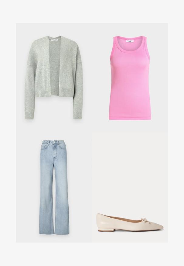 Gilet en maille de couleur gris clair avec un devant ouvert, des épaules tombantes et des poignets côtelés. Texture douce avec un motif chiné discret.; Débardeur côtelé rose sans manches avec encolure ronde de Marc O'Polo Denim, présenté sur un fond clair uni.; Jeans en denim bleu clair évasés avec taille haute, dotés de poches avant et de coutures discrètes le long des jambes.; Chaussure plate en cuir beige avec un petit talon et une décoration en nœud noué sur l’orteil pointu, montrée de profil sur fond blanc.