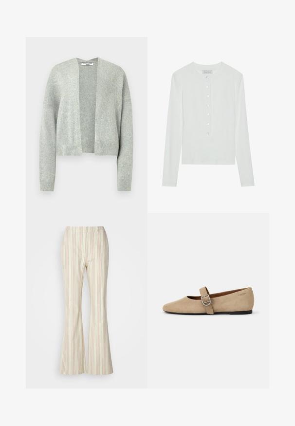 Lys grå strik cardigan med åben front, drop skuldre og ribbede manchetter. Blød tekstur med et subtilt meleret mønster.; Hvid langærmet top lavet af ribbet stof, med en rund halsudskæring og en knaplukning foran med seks klare knapper.; Stribede bukser med klokkeformet nederdel i pastelfarverne pink og grøn, lavet af letvægtsstof, med en glat tekstur og elastisk talje.; Beige ruskind Mary Jane flade sko med spids tå og et enkelt justerbart strop med en sølv spænde. Sort flad sål.