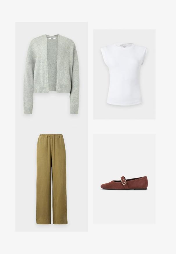 Lys grå strik cardigan med åben front, drop skuldre og ribbede manchetter. Blød tekstur med et subtilt meleret mønster.; Hvid ribbet ærmeløs top med polstrede skuldre og rund halsudskæring, størrelse small, mærket Topshop indvendigt i kraven.; Khaki brede benbukser med elastisk talje, lavet af blødt bomuldsstof. Har sidespalter og et lige snit, hvilket giver en afslappet pasform.; Brun ruskind Mary Jane-flad sko med en guldspænde og sort sål på hvid baggrund.