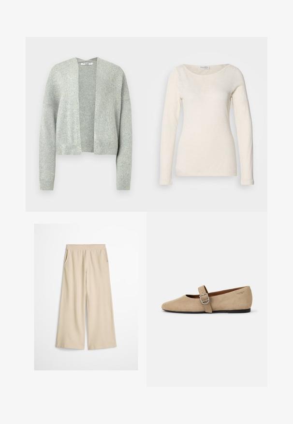 Lys grå strik cardigan med åben front, drop skuldre og ribbede manchetter. Blød tekstur med et subtilt meleret mønster.; Langærmet, rundhalset top i off-white, lavet af et blødt, let stof med en glat tekstur og minimalistisk design.; Bukser med brede ben i cremefarve med høj talje og uden synlige lukninger eller lommer, vist mod en hvid baggrund.; Beige ruskind Mary Jane flade sko med spids tå og et enkelt justerbart strop med en sølv spænde. Sort flad sål.