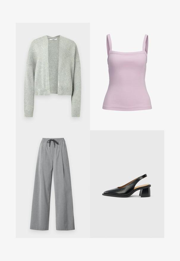 Lys grå strik cardigan med åben front, drop skuldre og ribbede manchetter. Blød tekstur med et subtilt meleret mønster.; Lyse lilla ribbet tanktop med firkantet udskæring og tynde skulderstropper, tætsiddende pasform, vist på en ens hvid baggrund.; Lysegrå bukser med vide ben, elastisk talje og sort snor, lavet af glat stof, vist på hvid baggrund.; Sort læder slingback-sko med spids tå og en chunky, geometrisk hæl. Overfladen ser glat og poleret ud.