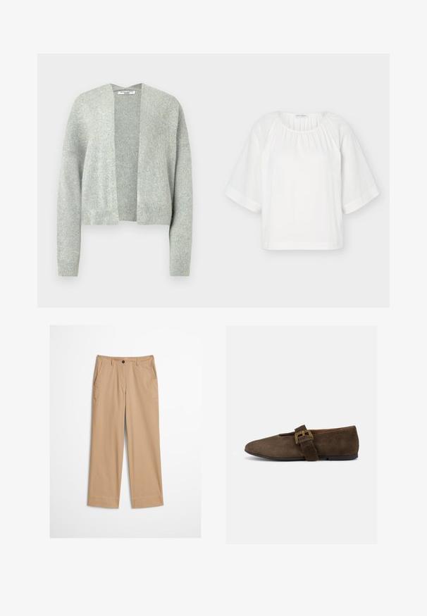 Lichtgrijze gebreide cardigan met een open voorkant, drop schouders en geribde manchetten. Zachte textuur met een subtiele heatherpatroon.; Witte loszittende blouse met ronde halslijn, geplooide stof bij de kraag en brede halflange mouwen met horizontale stiksel details.; Beige katoenen broek met rechte pijpen, een knoopsluiting aan de voorkant en een gladde textuur. Voorzien van standaard riemlussen en een platte voorkant.; Bruine suède platte schoen met brede band en gouden gesp, afgeronde neus en lage zwarte zool, zijaanzicht op witte achtergrond.