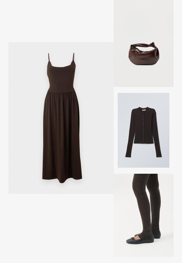 Cardigan noir à manches longues en tissu doux, avec un col rond et une fermeture à boutons à l'avant avec des boutons en métal.; Robe longue marron foncé sans manches avec fines bretelles, corsage ajusté et jupe froncée s'étendant jusqu'aux chevilles.; Jambes portant des leggings côtelés foncés associés à des ballerines noires avec de petits détails en nœud sur fond blanc.; Sac bandoulière en cuir marron foncé avec une forme souple et décontractée et une anse nouée torsadée sur un fond blanc uni.