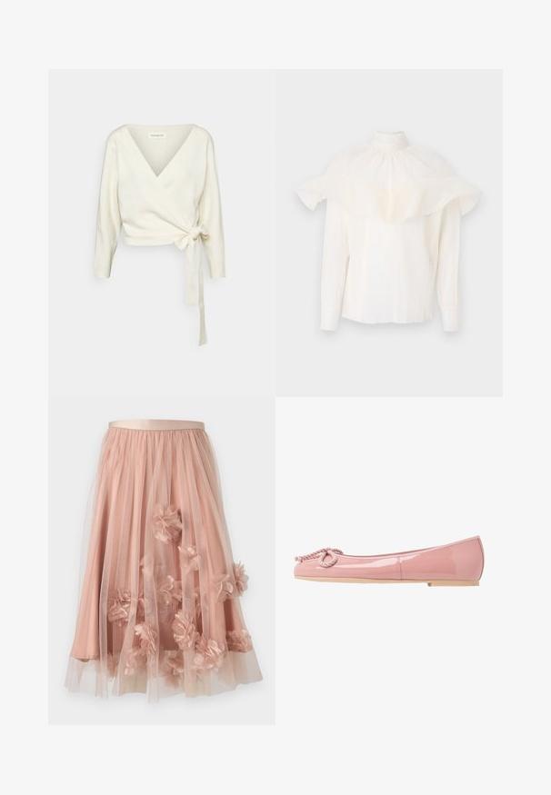 White, wrap-style sweater made of soft, textured fabric. Features a deep V-neck and long sleeves with a tie detail at the waist.; White blouse features a high collar, textured fabric, and oversized ruffled sleeves. Long sleeves with fitted cuffs, relaxed fit throughout.; Tulle skirt in soft pink with a satin waistband. Features layered sheer fabric and three-dimensional floral appliqués throughout.; Pink patent leather ballet flats with a rounded toe, rope detail at the front, and a beige rubber sole. Smooth, shiny finish throughout.