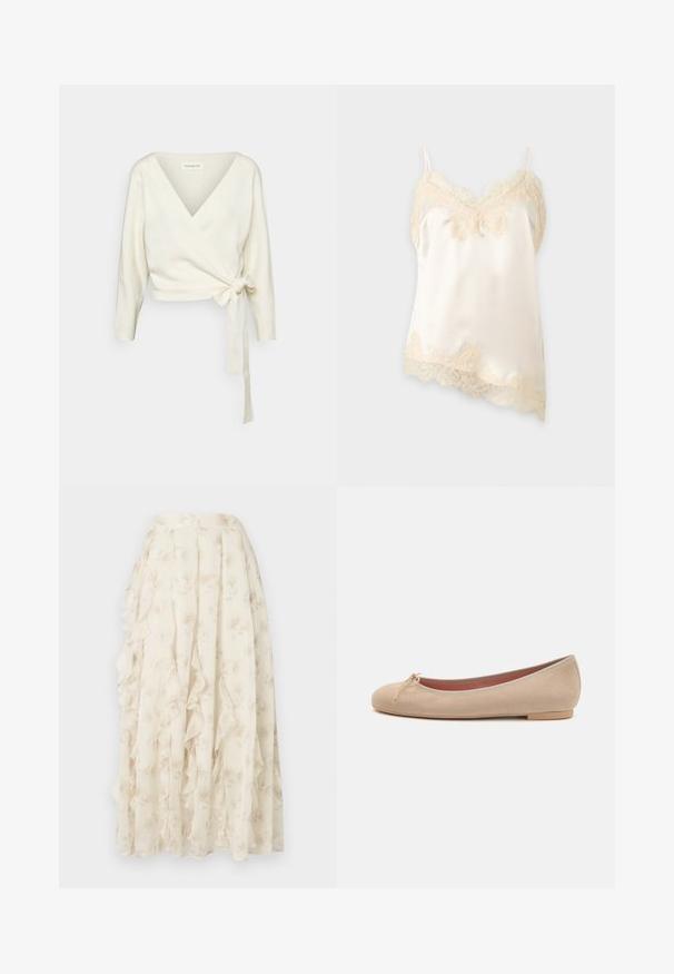 White, wrap-style sweater made of soft, textured fabric. Features a deep V-neck and long sleeves with a tie detail at the waist.; Cream-colored satin camisole with delicate lace trim along the neckline, hem, and thin shoulder straps on a plain background.; Long cream skirt with subtle floral pattern and cascading ruffle details, made from lightweight, sheer fabric.; Beige suede ballet flats with a rounded toe, decorative bow detail, and a low, flat sole. Smooth texture and simple design.