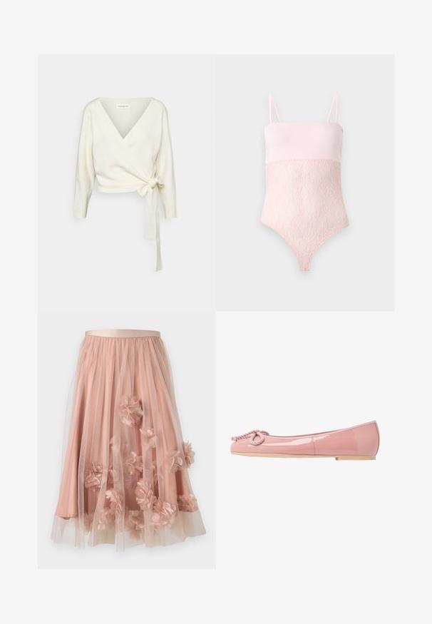 Pull blanc en tissu doux et texturé avec un design enroulé. Il possède un décolleté en V plongeant et des manches longues avec un lien à la taille.; Body en dentelle rose clair avec bretelles spaghetti et une partie supérieure lase sur un fond clair uni.; Jupe en tulle rose pâle avec une ceinture en satin. Comprend plusieurs couches de tissu transparent et des appliqués floraux en trois dimensions sur toute la surface.; Ballerines en cuir verni rose avec un bout arrondi, détail en corde à l'avant et semelle en caoutchouc beige. Fini lisse et brillant sur l'ensemble.