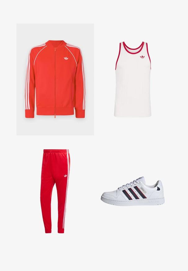 Rød zip-up træningsjakke med hvide tre-stribede detaljer på ærmerne og hvidt Adidas trefoil-logo på venstre bryst.; Hvid ærmeløs Adidas tanktop med røde kanter og rødt Adidas-logo på øverste venstre bryst.; Røde Adidas trackpants med hvide sidestriber og elastisk talje, med Adidas trefoil-logoet på højre lår.; adidas Originals Sneakers - white