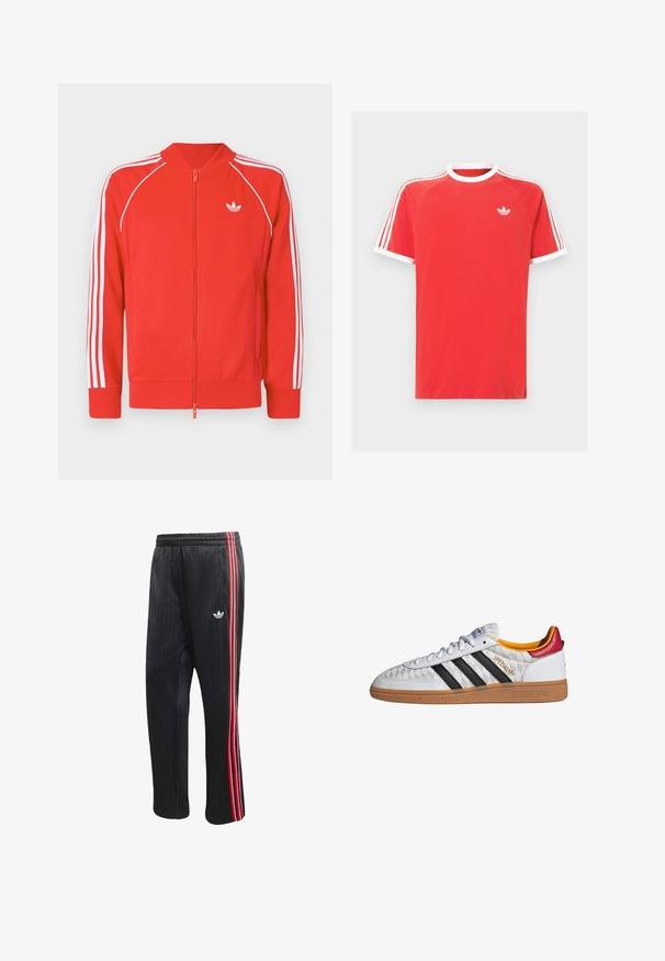Rød zip-up træningsjakke med hvide tre-stribede detaljer på ærmerne og hvidt Adidas trefoil-logo på venstre bryst.; Rød bomulds t-shirt med hvid krave og ærmekanter. Har hvide tre-stribe design på skuldrene og et lille hvidt logo på brystet.; Sorte træningsbukser med lodret ribbet tekstur, der har røde og hvide sidelommer og en lille hvid logo på venstre ben.; Hvid Adidas Spezial sneaker med sorte striber, gummisål, quiltet mønster, rød hælflap og gul inderfor, set fra siden.
