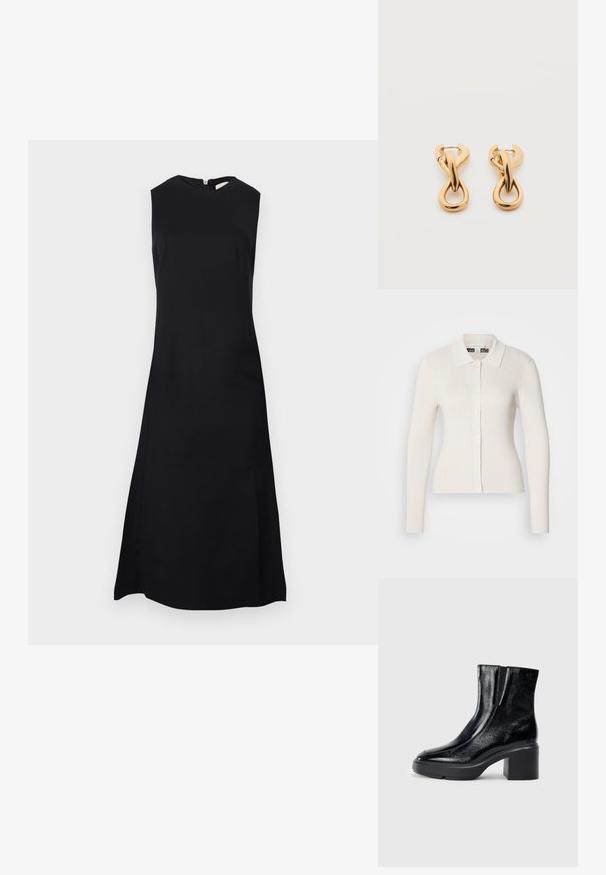 Cardigan crème à côtes avec des manches longues, un col et des fermetures à boutons. Caractérisé par une texture douce et une coupe ajustée.; Robe maxi noire sans manches avec encolure ronde haute et fermeture zippée au dos, présentée sur un fond clair uni.; Bottines en cuir verni noir avec un bout arrondi, des panneaux latéraux en élastique et un talon épais. Comprend un logo embossé à l'arrière.; Paire de boucles d'oreilles créoles en bouclettes dorées brillantes sur fond blanc uni, présentant un design torsadé entrelacé.