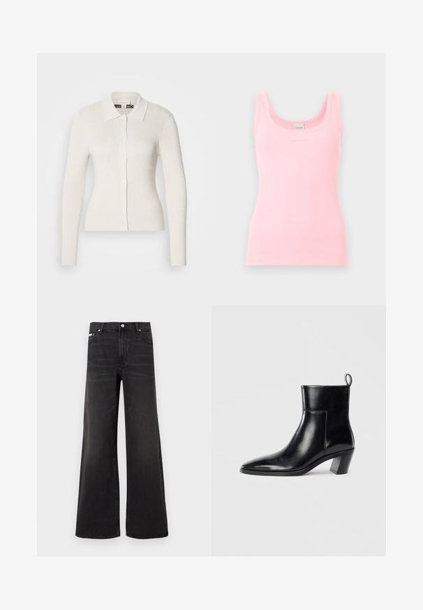 Cardigan crème à côtes avec des manches longues, un col et des fermetures à boutons. Caractérisé par une texture douce et une coupe ajustée.; Débardeur côtelé rose clair sans manches avec encolure dégagée et étiquette Calvin Klein à l'intérieur du col au dos.; Jean en denim noir à jambes larges avec fermeture avant par bouton et zip, passants pour ceinture, et style cinq poches.; Bottine en cuir noir avec un bout pointu, un talon empilé géométrique et une languette à l'arrière. Texture lisse et design épuré.