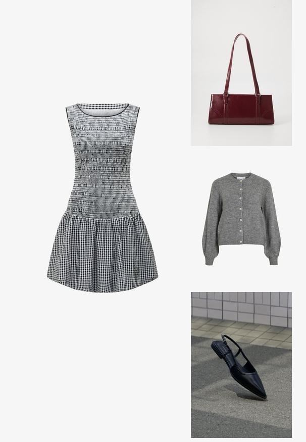 Grijze gebreide cardigan met ronde hals, lange puffmouwen, geribde manchetten en zoom, en een voor sluiting met zeven witte knopen.; Zwart-wit geruite jurk met een aansluitend lijfje, smocktextuur en een uitlopende rok. Eenvoudige ronde halslijn en mouwloos ontwerp.; Zwarte platte schoen met puntige neus en slingback, zwevend boven een asfaltoppervlak naast een betegeld trottoir.; Bourgondische handtas van glanzend materiaal, rechthoekige vorm, met twee schouderbanden en subtiele gebogen accenten aan de voorkant.