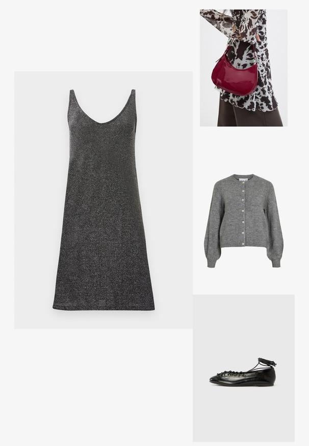 Cardigan en tricot gris avec col rond, longues manches bouffantes, poignets et ourlet côtelés, fermeture à boutons à l'avant avec sept boutons blancs.; Robe noire sans manches avec un décolleté en V profond, fabriquée dans un tissu scintillant. Elle présente des fines bretelles et une silhouette droite, garantissant une texture lisse.; Ballerines en cuir verni noir avec un bout rond, un design à lacets et une semelle plate. Texture lisse avec peu de détails.; Femme portant un chemisier à motif noir et blanc tenant un sac à main rouge brillant sur un fond uni.