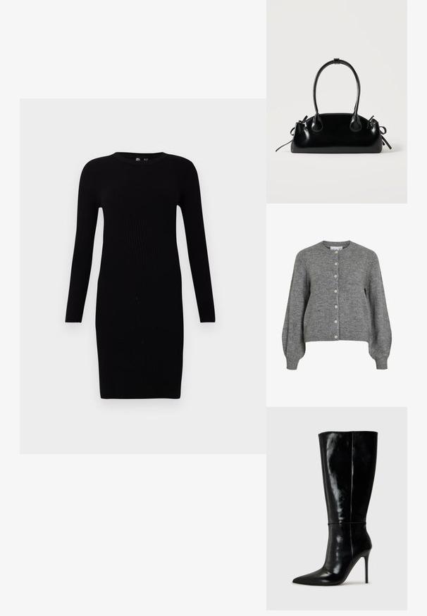 Grå strikket cardigan med rund hals, lange puffede ærmer, ribbede manchetter og kant, foran knaplukning med syv hvide knapper.; Sort ribbet sweaterkjole med lange ærmer, rund halsudskæring, tætsiddende silhuet og mellemlang længde. Glat tekstur, minimalistisk design.; Sorte læderknælange støvler med spids tå og høj stilettohæl. Glat tekstur og slank design, med minimalt detaljer.; Lille sort blank håndtaske med to lange håndtag og snøre-detaljer i siden på en ensfarvet lys baggrund.
