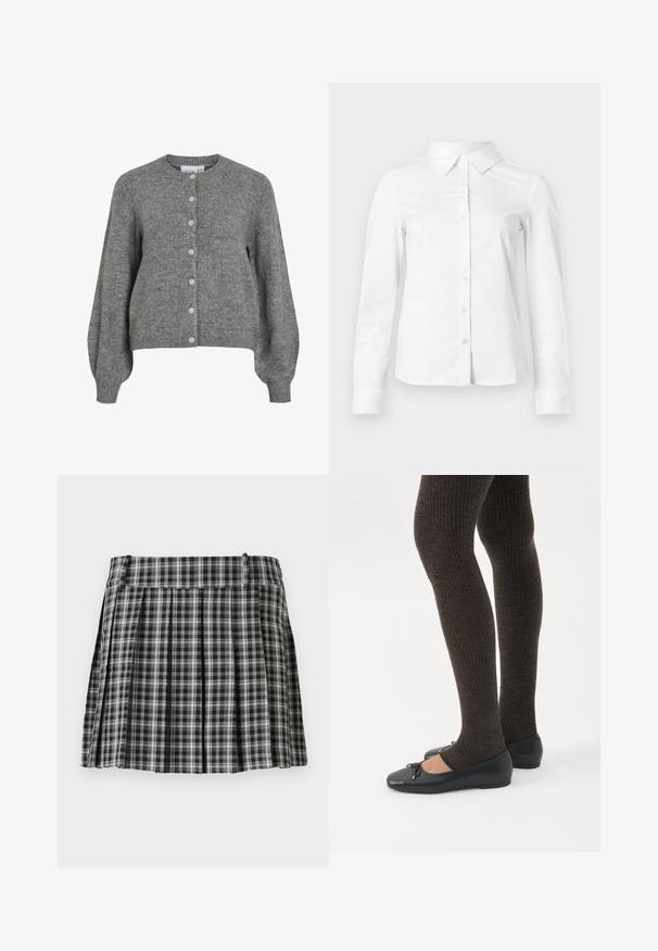 Cardigan gris de punto con cuello redondo, mangas largas abullonadas, puños y dobladillo acanalados, cierre frontal con siete botones blancos.; Camisa blanca de manga larga con botones, cuello puntiagudo, bajo recto y silueta ajustada, presentada sobre un fondo claro y liso.; Falda plisada de cuadros en blanco y negro con una cintura suave y múltiples pliegues verticales. Fabricada en un tejido ligero.; Piernas con leggings oscuros acanalados combinados con bailarinas negras que presentan pequeños detalles de lazo sobre un fondo blanco.