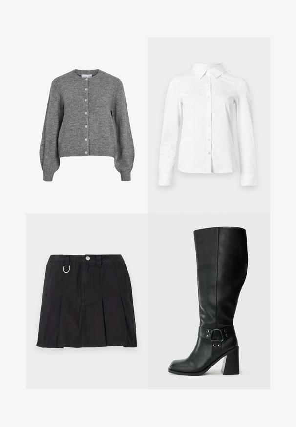 Grå strikket cardigan med rund hals, lange puffede ærmer, ribbede manchetter og kant, foran knaplukning med syv hvide knapper.; Hvid skjorte med lange ærmer, knapper, spids krave, lige kant og tætsiddende silhuet, vist på en ensartet lys baggrund.; Sort plisseret nederdel lavet af bomuld, med frontknaplukning, bæltestropper og en D-ring detalje i taljen.; Knæhøje sorte læderstøvler med firkantet tå, bred hæl og en dekorativ rem med metalaccenter omkring anklen. Glat tekstur.