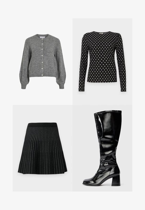 Grijze gebreide cardigan met ronde hals, lange puffmouwen, geribde manchetten en zoom, en een voor sluiting met zeven witte knopen.; Zwart langemouwtop met witte stippen, ronde halslijn en textuurstof. Biedt een getailleerde silhouet, geschikt voor casual dragen.; Zwarte rok met een gemêleerd breigoed met zigzag zilveren strepen, uitlopende ontwerp en een effen zwarte tailleband.; Glanzende zwarte laars tot de knie met blokhak en ronde teen, gladde glanzende afwerking, lichte textuurdetails op de hak en bovenkant.