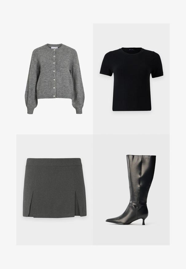 Grijze gebreide cardigan met ronde hals, lange puffmouwen, geribde manchetten en zoom, en een voor sluiting met zeven witte knopen.; Zwart t-shirt met korte mouwen en een ronde hals, gemaakt van zachte stof. Heeft een klassieke pasvorm en een schoon, eenvoudig ontwerp.; Grijze mini-jurk met een gladde textuur, voorzien van een platte tailleband en twee verticale uitsparingen aan de voorkant voor extra detail. Casual ontwerp.; Zwarte leren kniehoge laars met puntige neus en lage kittenhak, weergegeven op een effen lichte achtergrond.