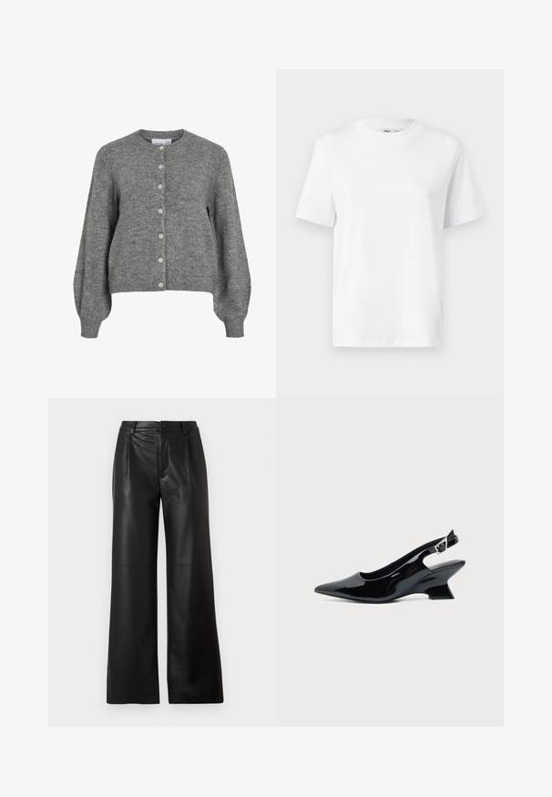Cardigan gris de punto con cuello redondo, mangas largas abullonadas, puños y dobladillo acanalados, cierre frontal con siete botones blancos.; Camiseta de algodón blanca de cuello redondo con mangas cortas y una textura suave. Diseñada con un ajuste relajado para mayor comodidad y versatilidad.; Pantalones anchos negros de piel suave con cierre de botón en la parte delantera y dos bolsillos diagonales en los lados delanteros.; Zapato slingback de cuero charol negro con puntera puntiaguda y tacón bajo en bloque inclinado sobre fondo claro liso.