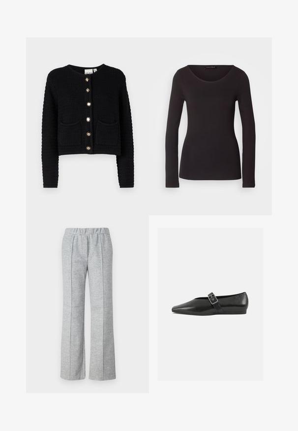 Cardigan noir court avec un design en tricot texturé, présentant des manches longues, deux poches avant et des boutons dorés au centre.; Haut noir à manches longues en tissu lisse avec un col rond et une silhouette ajustée ; ne présente aucun motif ni accent.; Pantalons gris à jambes larges en tissu texturé ; dotés d'une taille élastique et de détails plissés à l'avant. Design épuré et minimal.; Chaussure plate en cuir noir avec un orteil pointu, présentant une sangle à boucle métallique sur le cou-de-pied et une semelle basse et flexible.