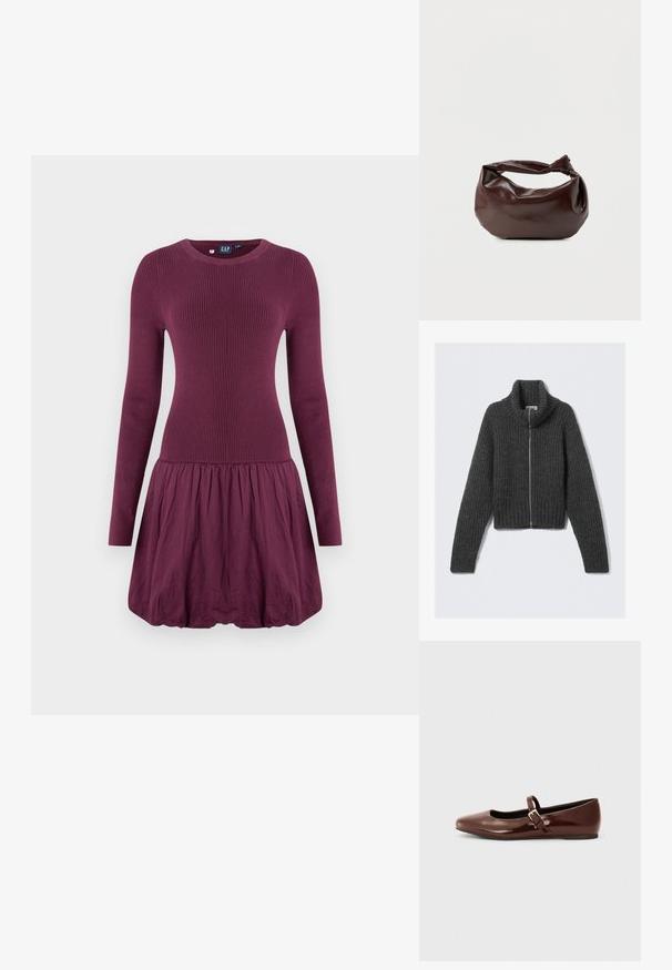 Pull en maille épaisse gris foncé avec zip, col haut et manches longues, posé à plat sur un fond clair.; Robe violette avec un corsage côtelé, des manches longues et une jupe froncée. Le tissu semble lisse avec une texture légère.; Ballerine en cuir verni marron avec un bout carré et une lanière ornée d'une petite boucle dorée. Texture lisse, talon bas et design minimaliste.; Sac bandoulière en cuir marron foncé avec une forme souple et décontractée et une anse nouée torsadée sur un fond blanc uni.