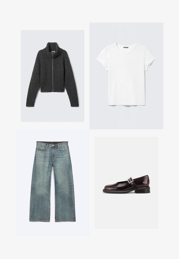 Pull en maille épaisse gris foncé avec zip, col haut et manches longues, posé à plat sur un fond clair.; T-shirt blanc uni à manches courtes avec col en V et une petite étiquette "WEEKDAY" à l'intérieur du col, présenté sur un fond gris clair.; Jean bleu à jambes larges avec poches avant, passants de ceinture, fermeture par boutons et détails subtils d’usure sur les cuisses et les genoux.; Chaussure Mary Jane unique brillante couleur bordeaux foncé avec une large bride et une boucle argentée, talon bloc bas et bout arrondi sur fond blanc.