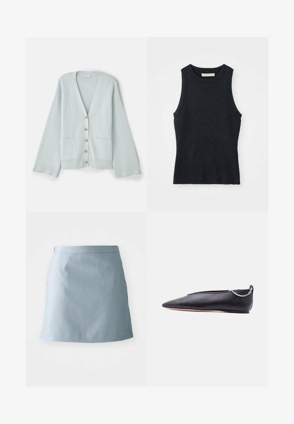 Lysegrøn cardigan med V-hals, lange ærmer, frontlommer og seks runde knapper. Glat tekstur og afslappet pasform.; Udenærmet, mørkegrå strikket tanktop med rund hals, lagt fladt på hvid baggrund.; Lysblå nederdel lavet af glat stof, med en lige skæring, en smal talje og minimale syninger ved kanten.; Sort læder flad sko med spids tå, lav hæl og sølvkæde detalje bagpå mod en ensfarvet baggrund.