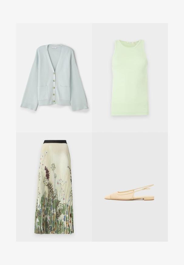 Hellgrüner Cardigan mit V-Ausschnitt, langen Ärmeln, Fronttaschen und sechs runden Knöpfen. Glatte Textur und lässiges Passformdesign.; Ärmelloses hellgrünes Tanktop mit rundem Ausschnitt, glattem Stoff und einem dezenten Logodetail am unteren Saum.; Faltenrock in Midi-Länge mit floralem Muster in Grün-, Blau- und Pinktönen, einem schwarzen elastischen Bund und einem leichten Stoff.; Slingback-Ballerina in hellbeige mit einem Netz-Obermaterial, spitz zulaufender Zehenpartie und niedrigem Absatz. Verfügt über einen verstellbaren Riemen für eine optimale Passform.