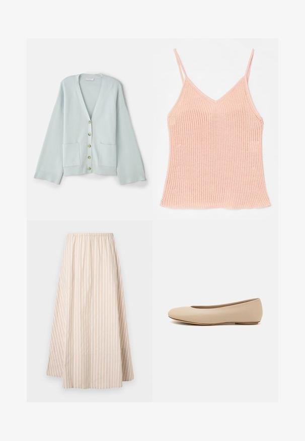 Lysegrøn cardigan med V-hals, lange ærmer, frontlommer og seks runde knapper. Glat tekstur og afslappet pasform.; Peachfarvet strikket tanktop med tynde justerbare stropper, V-halsdesign, ribbet tekstur og lige kant.; Beige A-line nederdel med hvide vertikale striber, elastisk talje og længde fra knæ til midt på læggen.; Beige læder balletflade med afrundet tå, minimal sømdetaljering, lav hæl og subtilt logo på bagsiden. Glat, mat tekstur.