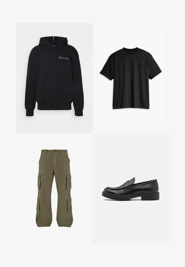 Sudadera negra de tejido suave, con cierre de botones a presión en la parte delantera y bolsillos laterales. Texto bordado "Dark Side" en el pecho.; Camiseta de algodón negra con cuello redondo y mangas cortas. Presenta un sutil logotipo en la parte delantera y un dobladillo recto. Diseño simple y minimalista.; Pantalones cargo en verde olivo. Fabricados en algodón, con múltiples bolsillos laterales, corte recto y detalles de costura visibles.; Mocasines de cuero negro con punta redondeada, diseño sin cordones y suela de goma gruesa con agarre texturizado. Tacón elevado y detalles de costura sutiles.
