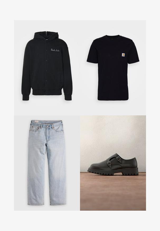 Zwarte hoodie van zacht materiaal, met een voorste drukknoopsluiting en zijzakken. Geborduurde tekst "Dark Side" op de borst.; Zwarte katoenen t-shirt met korte mouwen, ronde hals en een borstzak met een klein, vierkant logo patch. Eenvoudig, stevig ontwerp.; Lichtblauwe rechte jeans met een hoge taille, knoopsluiting en voor- en achterzakken, gepresenteerd op een vlakke ondergrond.; Zwarte leren schoen met dubbele gespsluitingen, ronde neus en een stevige, gestructureerde rubberen zool. Minimalistisch ontwerp met een contrasterende blauwe binnenkant.