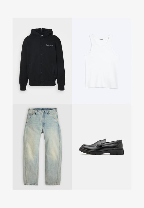 Sudadera negra de tejido suave, con cierre de botones a presión en la parte delantera y bolsillos laterales. Texto bordado "Dark Side" en el pecho.; Camiseta sin mangas blanca con cuello redondo y etiqueta de la marca Weekday en el interior del cuello trasero, mostrada plana sobre un fondo claro.; Vaqueros de pierna ancha en azul claro hechos de denim. Cuentan con cinco bolsillos, cierre de botón y zonas desgastadas para un aspecto envejecido.; Mocasin de cuero negro con una cinta ancha en el empeine, suela de goma con tacos gruesos y textura suave. Diseño clásico y elegante.