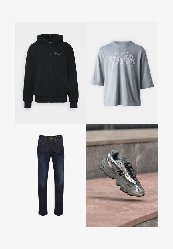 Sort hættejakke lavet af blødt stof, med trykknaplukning foran og sidelommer. Broderet "Dark Side" tekst på brystet.; Grå bomulds-T-shirt med korte ærmer, rund hals og teksten "GAP 1969 SPORT" i fede hvide bogstaver på forsiden.; Mørkeblå denim jeans med fem lommer, subtile slidser og falmning, gule syninger og en lige ben design.; Grå og sølvfarvet New Balance-sneaker mærket "1000", der svæver over en rosafarvet stenet overflade med en grå stenvæg i baggrunden.